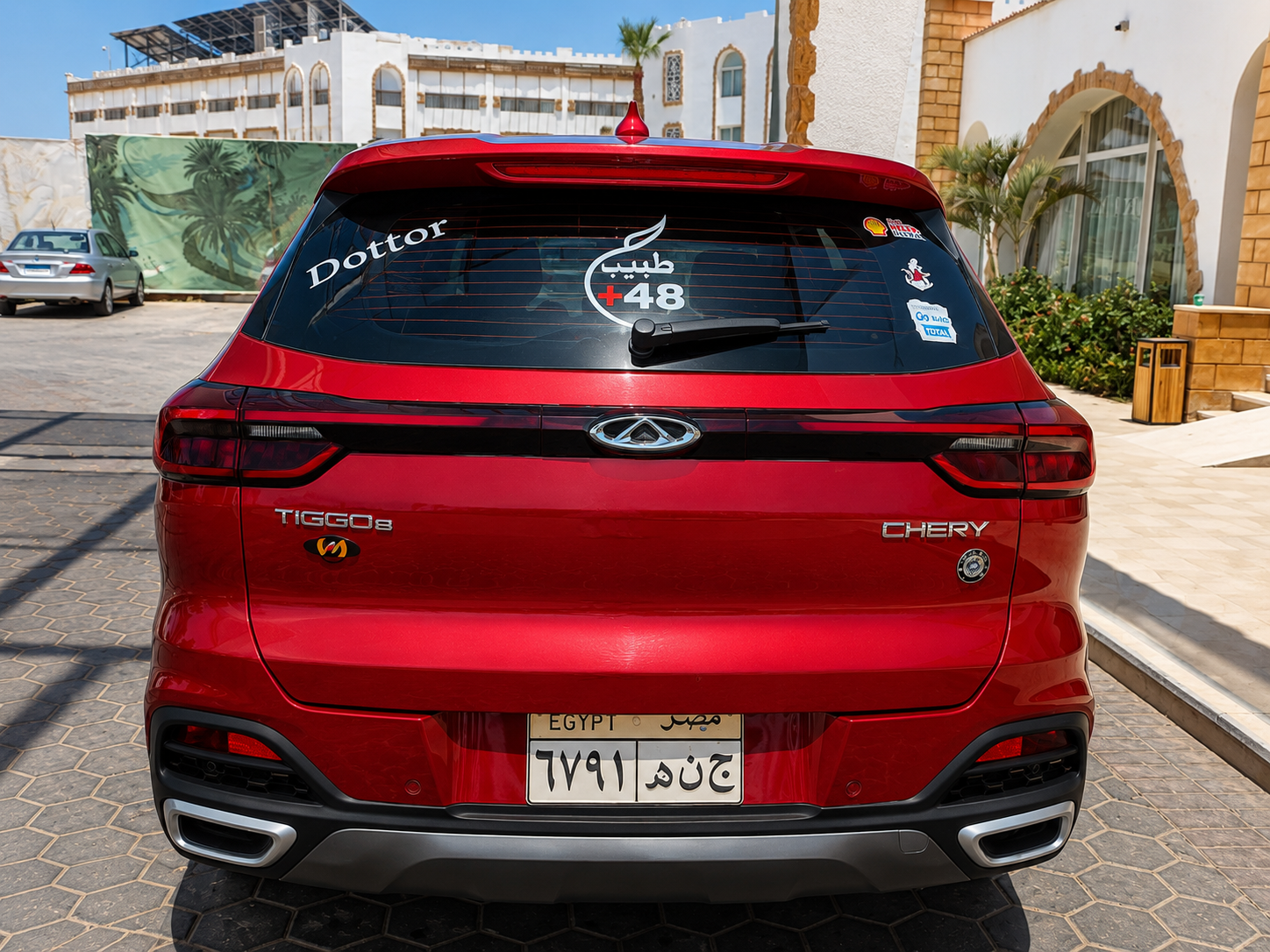 Rear view of the Chery Tiggo 8 SUV outside a South Sinai resort